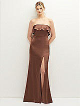 Front View Thumbnail - Cognac Soft Ruffle Cuff Strapless Trumpet Dress with Front Slit