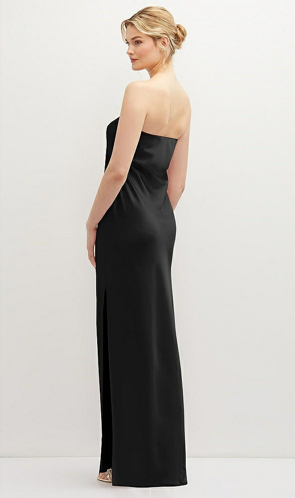 Back View - Black Strapless Pull-On Satin Column Dress with Side Seam Slit