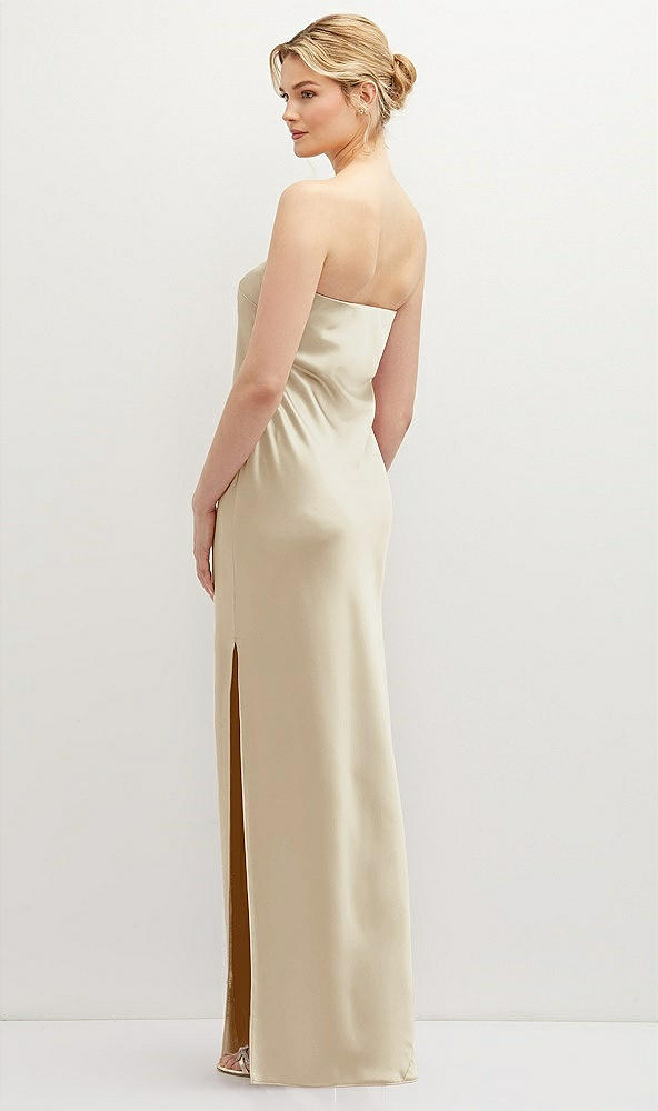 Back View - Champagne Strapless Pull-On Satin Column Dress with Side Seam Slit