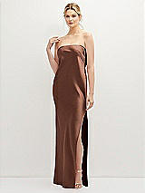 Front View Thumbnail - Cognac Strapless Pull-On Satin Column Dress with Side Seam Slit