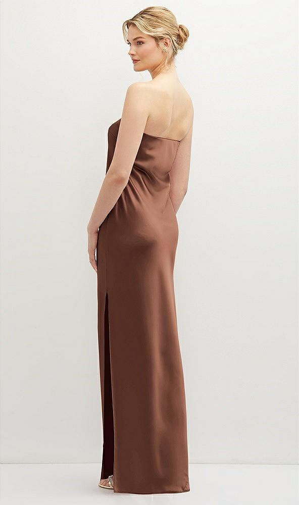 Back View - Cognac Strapless Pull-On Satin Column Dress with Side Seam Slit
