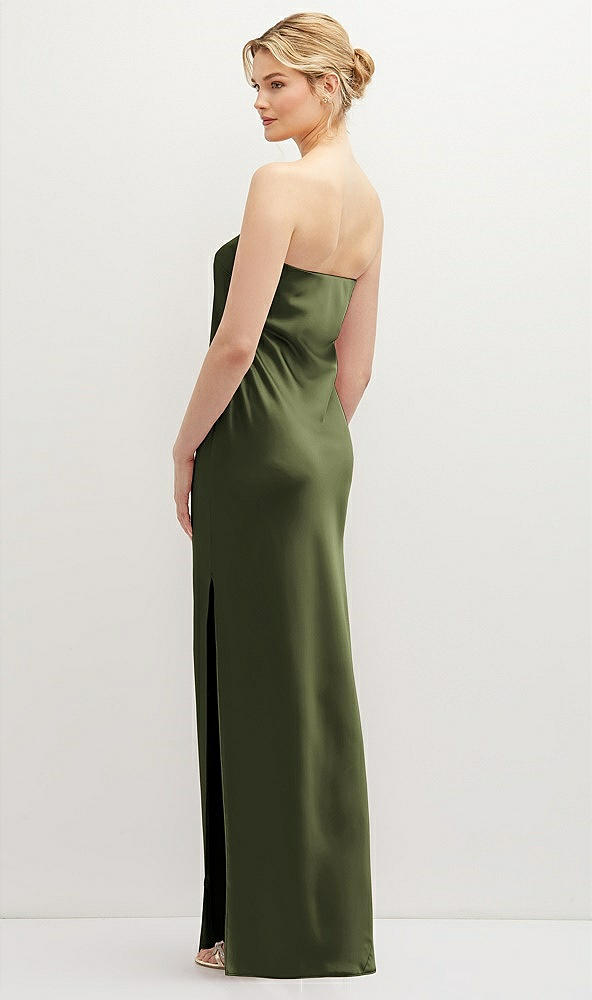 Back View - Olive Green Strapless Pull-On Satin Column Dress with Side Seam Slit