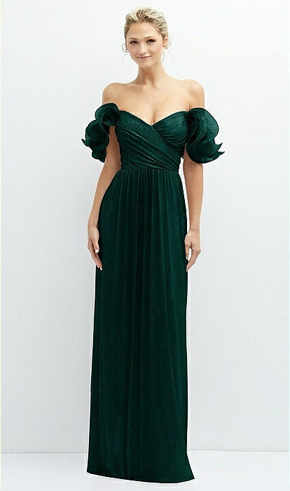 Dramatic Ruffle Edge Convertible Strap Metallic Pleated Maxi Dress Dramatic Ruffle Edge Convertible Strap Metallic Pleated Maxi Dress