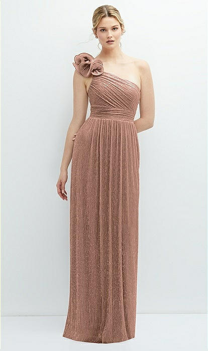 Dramatic Ruffle Edge One-shoulder Metallic Pleated Maxi Bridesmaid
