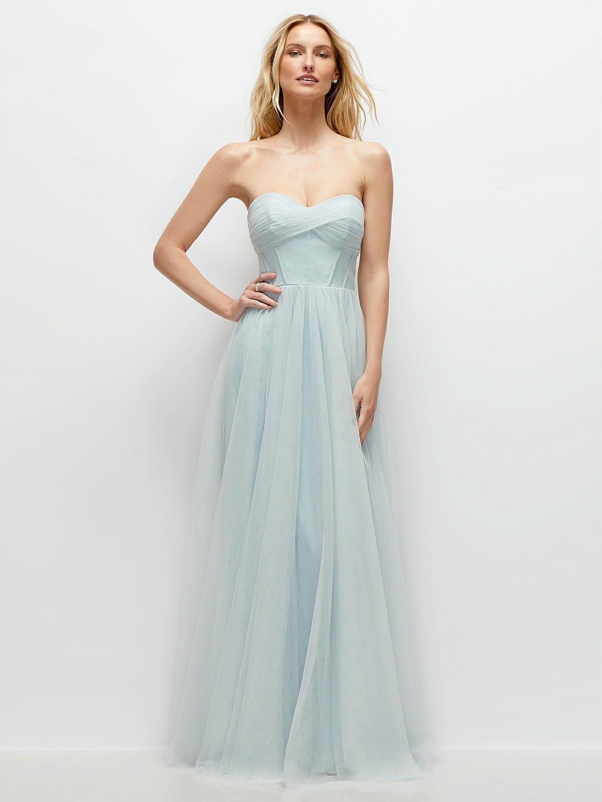 Strapless Twist Cup Tulle Corset Bridesmaid Dress With Full Maxi