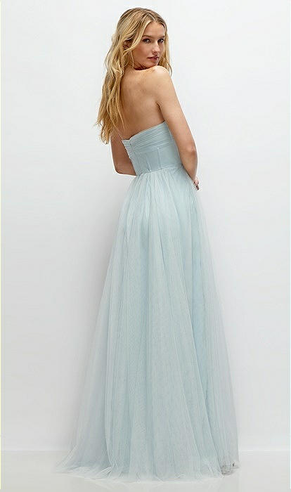 Strapless Twist Cup Tulle Corset Bridesmaid Dress With Full Maxi Skirt In Mist | The Dessy Group Strapless Twist Cup Tulle Corset Bridesmaid Dress With Full Maxi Skirt In Mist | The Dessy Group