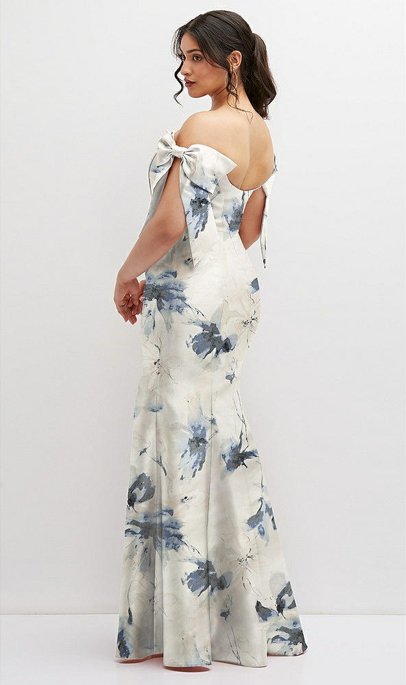 Back View - Inkwash Blue Floral Off-the-Shoulder Bow Floral Satin Corset Dress with Fit and Flare Skirt