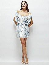 Front View Thumbnail - Cottage Rose Larkspur Floral Satin Off-the-Shoulder Bow Corset Fit and Flare Mini Dress