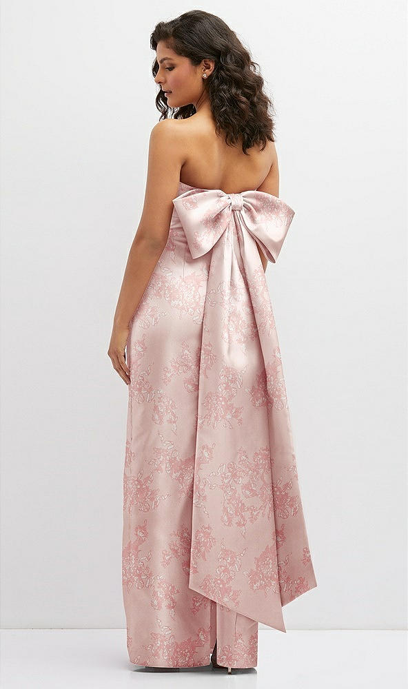 Back View - Bow And Blossom Print Floral Strapless Draped Bodice Column Dress with Oversized Bow