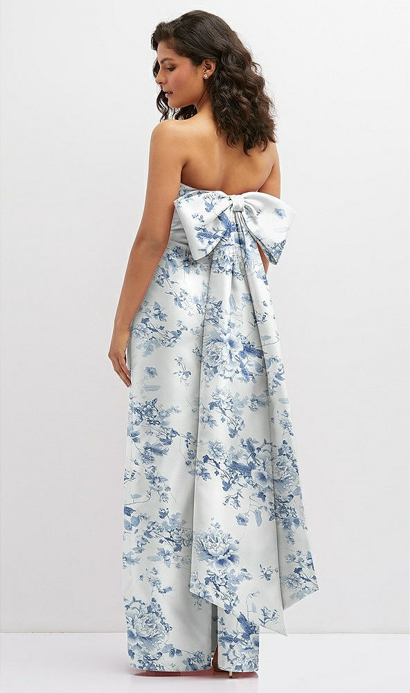 Back View - Cottage Rose Larkspur Floral Strapless Draped Bodice Column Dress with Oversized Bow