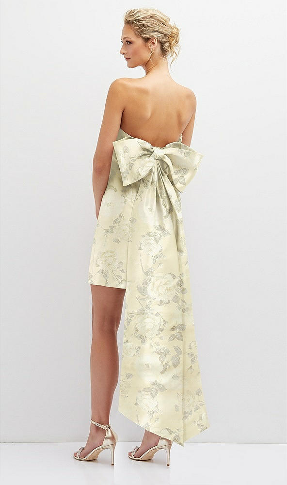 Back View - Butter Yellow Floral Floral Strapless Satin Column Mini Dress with Oversized Bow