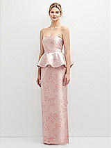 Front View Thumbnail - Bow And Blossom Print Floral Strapless Satin Maxi Dress with Cascade Ruffle Peplum Detail