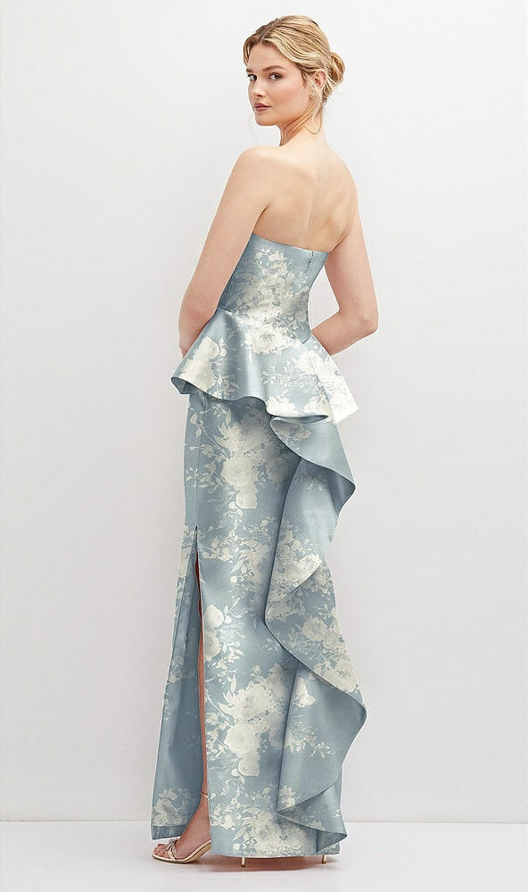 Back View - Porcelain Blue Seraphina Floral Floral Strapless Satin Maxi Dress with Cascade Ruffle Peplum Detail