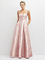 Front View Thumbnail - Bow And Blossom Print Floral Lace-Up Back Bustier Satin Dress with Full Skirt and Pockets