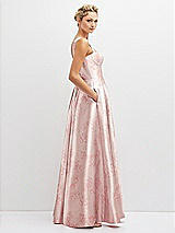 Side View Thumbnail - Bow And Blossom Print Floral Lace-Up Back Bustier Satin Dress with Full Skirt and Pockets