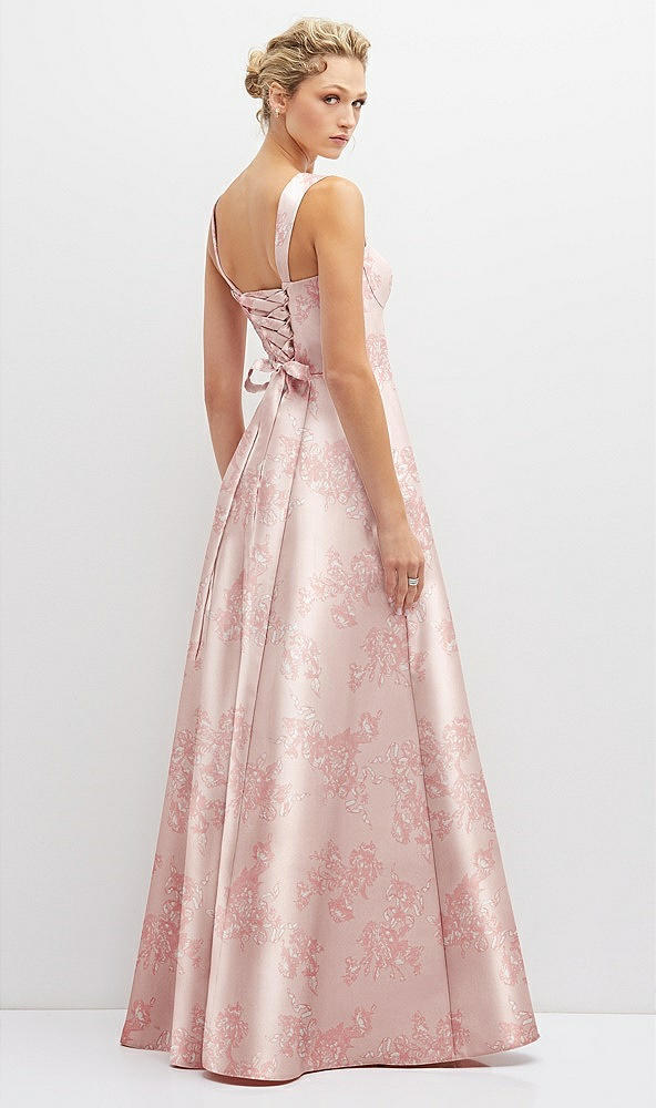 Back View - Bow And Blossom Print Floral Lace-Up Back Bustier Satin Dress with Full Skirt and Pockets