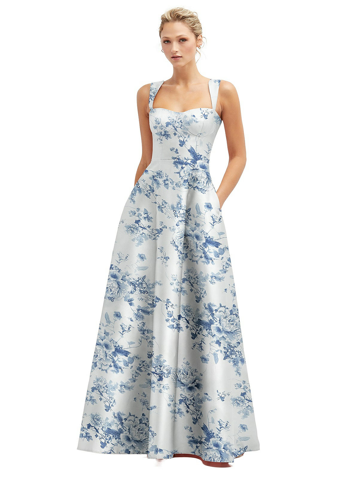 Floral Lace-up Back Bustier Satin Bridesmaid Dress With Full Skirt
