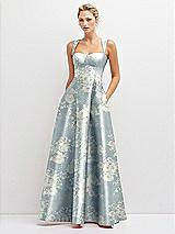 Front View Thumbnail - Porcelain Blue Seraphina Floral Floral Lace-Up Back Bustier Satin Dress with Full Skirt and Pockets