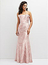 Front View Thumbnail - Bow And Blossom Print Floral Strapless Satin Fit and Flare Dress with Crumb-Catcher Bodice