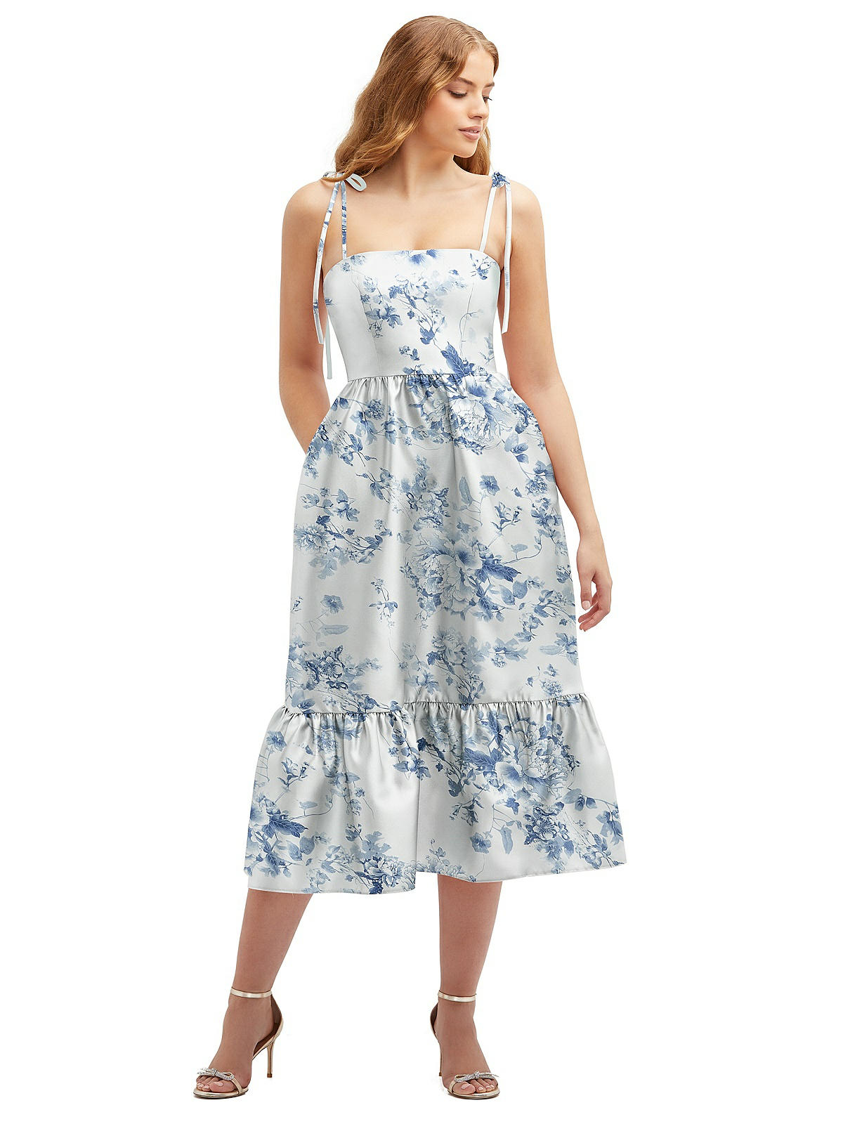 Floral Shirred Ruffle Hem Midi Bridesmaid Dress With Self-tie Spaghetti  Straps And Pockets In Cottage Rose Larkspur | The Dessy Group