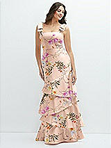 Rear View Thumbnail - Butterfly Botanica Pink Sand Floral Bow-Shoulder Satin Maxi Dress with Asymmetrical Tiered Skirt
