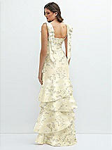 Front View Thumbnail - Butter Yellow Floral Floral Bow-Shoulder Satin Maxi Dress with Asymmetrical Tiered Skirt