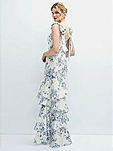 Front View Thumbnail - Cottage Rose Larkspur Floral Bow-Shoulder Satin Maxi Dress with Asymmetrical Tiered Skirt