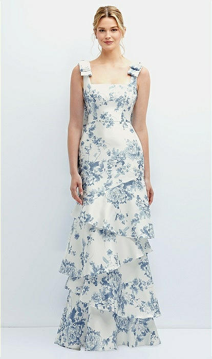 navy blue dress for baby girl Floral Print Ruffle Tie Strap Gown in Cottage Rose-Larkspur Print