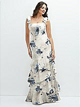 Rear View Thumbnail - Inkwash Blue Floral Floral Bow-Shoulder Satin Maxi Dress with Asymmetrical Tiered Skirt