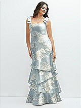 Rear View Thumbnail - Porcelain Blue Seraphina Floral Floral Bow-Shoulder Satin Maxi Dress with Asymmetrical Tiered Skirt