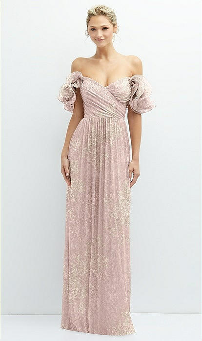 slim fit dress slacks Dappled Sequin Off-Shoulder Ankle Gown – Beige main image 1