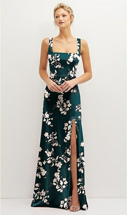 Floral Square-Neck Satin A-line Maxi Dress with Front Slit