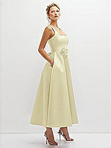 Side View Thumbnail - Butter Yellow Square Neck Satin Midi Dress with Full Skirt & Flower Sash