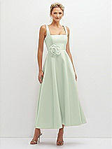 Front View Thumbnail - Mint Green Square Neck Satin Midi Dress with Full Skirt & Flower Sash
