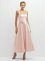 Front View Thumbnail - Blush Square Neck Satin Midi Dress with Full Skirt & Flower Sash