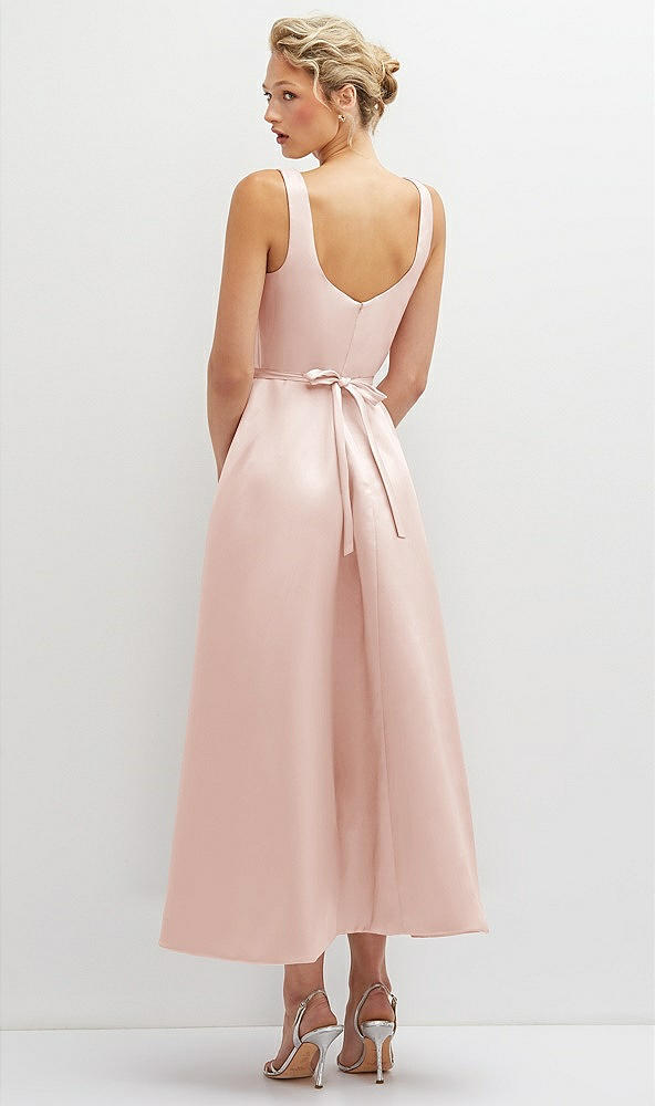 Back View - Blush Square Neck Satin Midi Dress with Full Skirt & Flower Sash