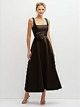 Front View Thumbnail - Espresso Square Neck Satin Midi Dress with Full Skirt & Flower Sash
