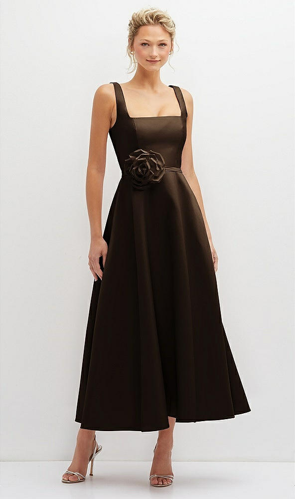 Front View - Espresso Square Neck Satin Midi Dress with Full Skirt & Flower Sash
