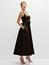 Side View Thumbnail - Espresso Square Neck Satin Midi Dress with Full Skirt & Flower Sash