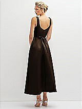 Rear View Thumbnail - Espresso Square Neck Satin Midi Dress with Full Skirt & Flower Sash