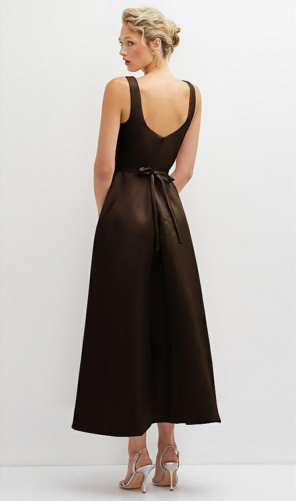 Back View - Espresso Square Neck Satin Midi Dress with Full Skirt & Flower Sash