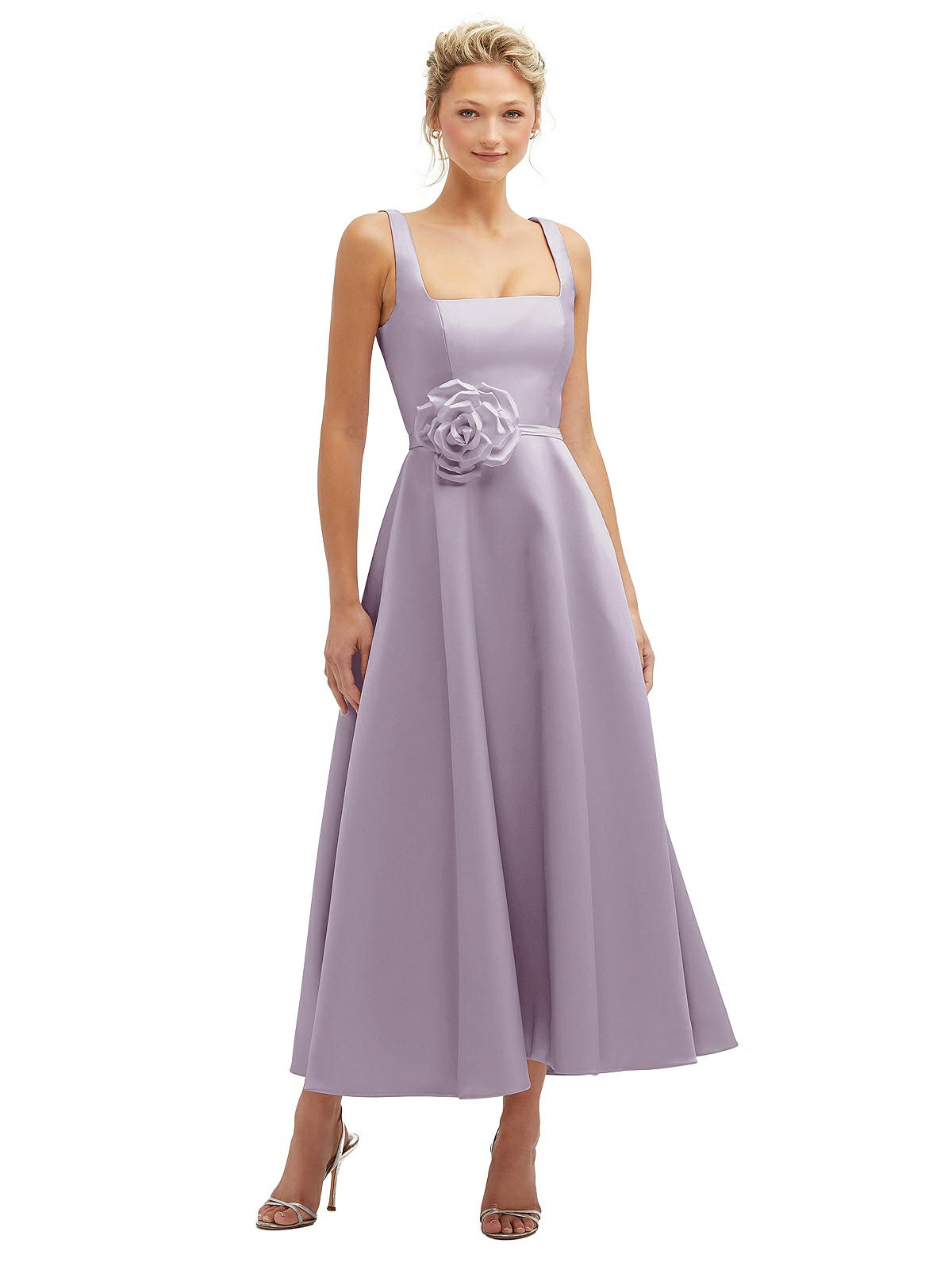 Square Neck Satin Midi Bridesmaid Dress With Full Skirt & Flower Sash In  Lilac Haze | The Dessy Group