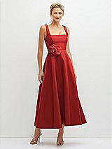 Front View Thumbnail - Poppy Red Square Neck Satin Midi Dress with Full Skirt & Flower Sash