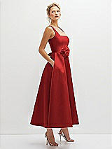 Side View Thumbnail - Poppy Red Square Neck Satin Midi Dress with Full Skirt & Flower Sash