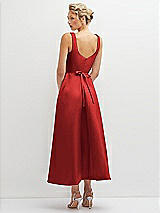 Rear View Thumbnail - Poppy Red Square Neck Satin Midi Dress with Full Skirt & Flower Sash