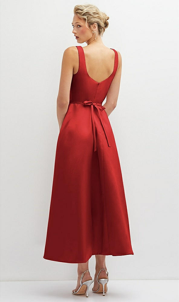 Back View - Poppy Red Square Neck Satin Midi Dress with Full Skirt & Flower Sash
