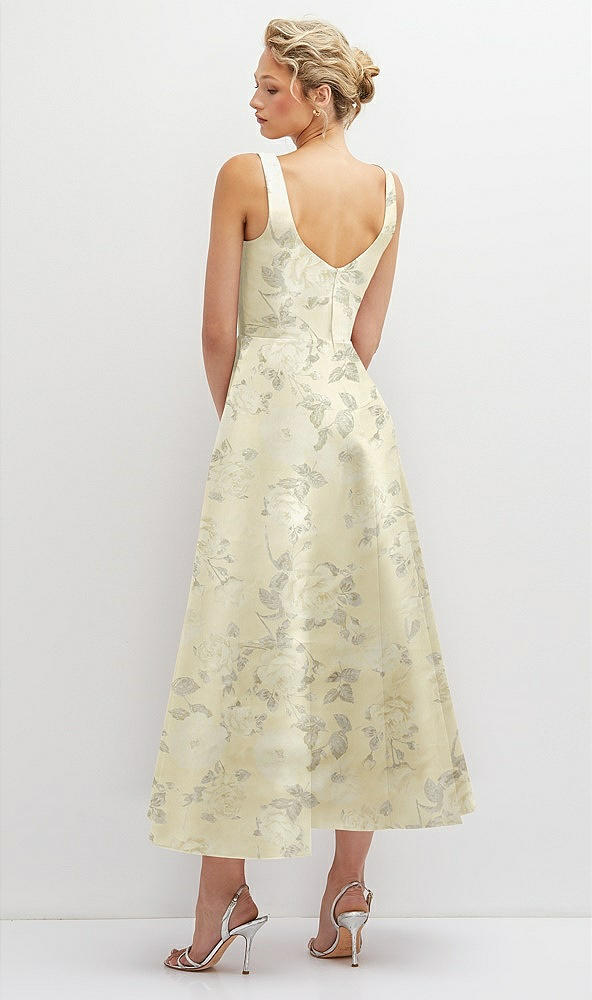 Back View - Butter Yellow Floral Floral Square Neck Satin Midi Dress with Full Skirt & Pockets