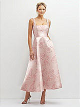 Front View Thumbnail - Bow And Blossom Print Floral Square Neck Satin Midi Dress with Full Skirt & Pockets