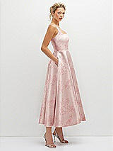 Side View Thumbnail - Bow And Blossom Print Floral Square Neck Satin Midi Dress with Full Skirt & Pockets