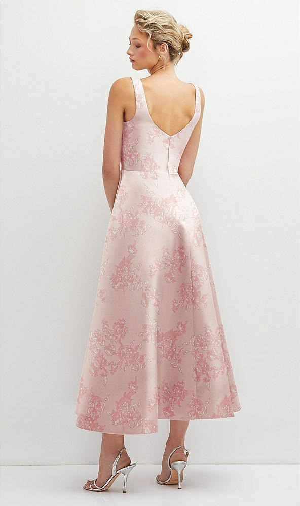 Back View - Bow And Blossom Print Floral Square Neck Satin Midi Dress with Full Skirt & Pockets